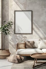 mockup of a framed poster in a stylish, modern living room setting