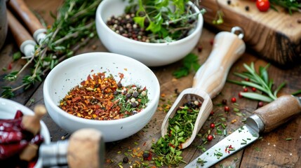 White bowls with dried herbs on a wooden table, with a wooden spoon and a rustic kitchen background. In the foreground, a bowl is filled with dried green tea leaves.