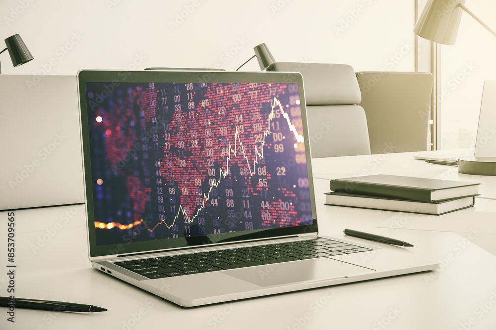 Leinwandbilder abstract creative financial diagram with world map on modern computer monitor, banking and accountin