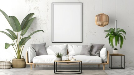 mockup of a framed poster in a stylish, modern living room setting