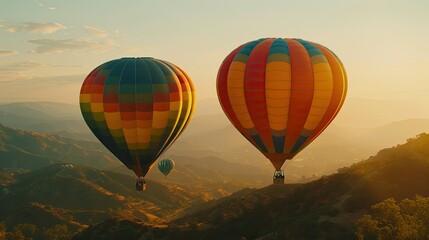Fototapeta premium two colorful hot air balloons floating over the valley at dawn, against the backdrop of hills and mountains, colorful sky, warm lighting, romantic landscapes.