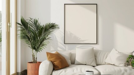 mockup of a framed poster in a stylish, modern living room setting