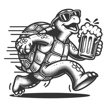 turtle running with a beer mug, blending fun and whimsical elements sketch engraving generative ai cartoon character raster illustration. Scratch board imitation. Black and white image.