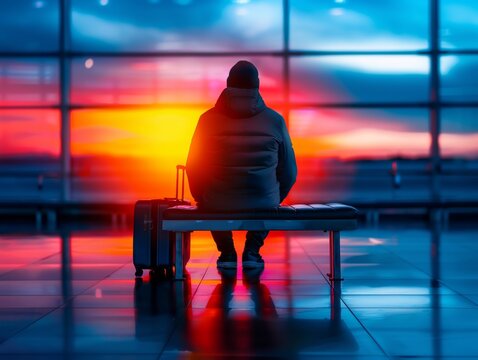 A solitary traveler sits on a bench with a suitcase, gazing at a vibrant sunset through large airport windows, reflecting on the journey ahead.
