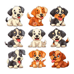 Obraz premium Puppies cartoon vector set. Small cute dogs wool eared black brown spotted positive pets friend faithful companion animals isolated illustration on white background
