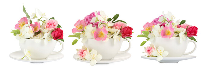 Delicious herbal tea in cups and beautiful flowers on white background, set