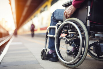 Obraz premium a person with disabilities in a wheelchair at the station, accessibility of transport for disabled people, close-up