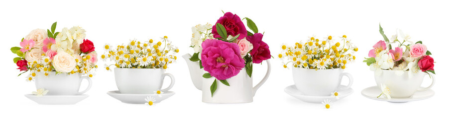 Delicious herbal tea in dishware and beautiful flowers on white background, set