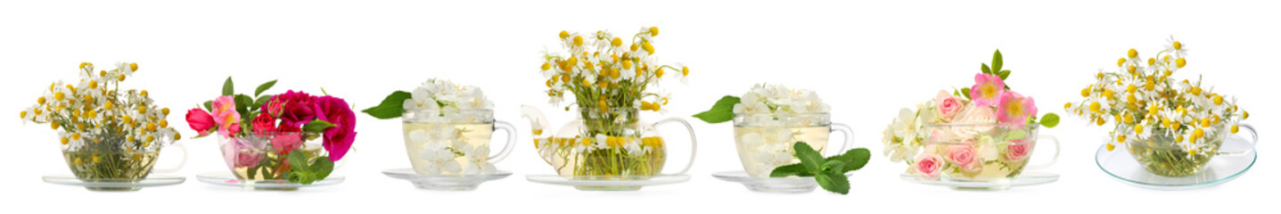 Delicious herbal tea in dishware and beautiful flowers on white background, set