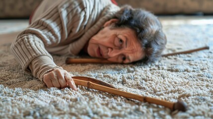 Elderly Woman Lying on Carpet After Fall. She Reaches for Walking Cane. Image Highlights Senior Safety Issues. Indoor Setting with Cozy Lighting. Perfect for Health and Wellness Content. AI