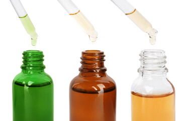 Pipettes with different cosmetic products over bottles isolated on white, collection