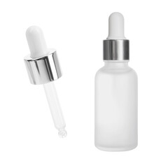 Pipette and bottle with cosmetic product isolated on white, collage