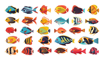 Obraz premium Sea fish cartoon vector set. Grouper cod tuna herring fins snorkeling coral oceanic creatures animals isolated on white background