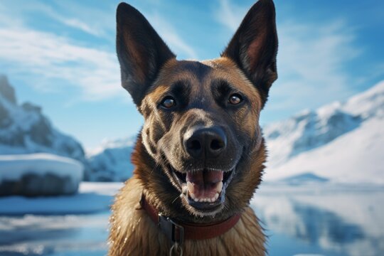 Portrait of a funny belgian malinois dog isolated on backdrop of an arctic landscape