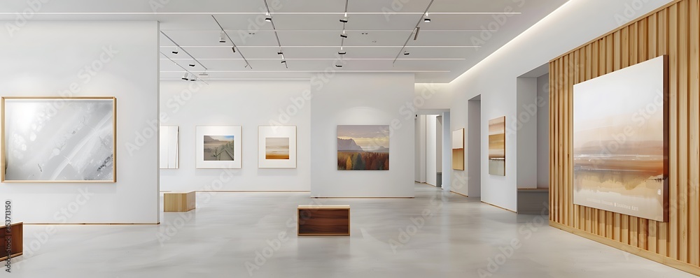 Wall mural a refined art gallery with minimalist white walls and wooden accents, featuring a diverse collection