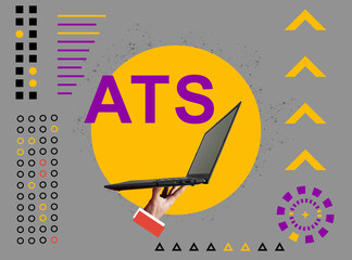 Applicant Tracking System ATS concept. Collage with a hand holding a laptop.