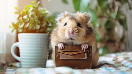 Adorable Hamster Holding A Small Leather Wallet In A Cozy Home Setting. Savings, economic planning