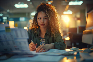 Professional female business analyst processing medical bill codes and analyzing spreadsheet data in a hospital office environment.