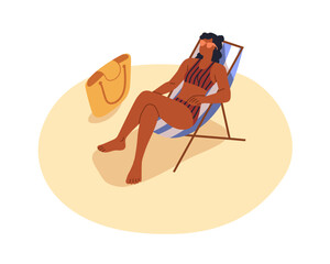 Woman on chaise lounger, beach sunbed. Summer sunbathing and relaxing on deckchair. Female in bikini enjoying vacation leisure, holiday rest. Flat vector illustration isolated on white background