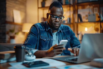 Obraz premium African American man balancing software updates on mobile phone and laptop.