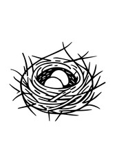 Bird nest of small twigs with chick inside flat icon. Vector illustration	