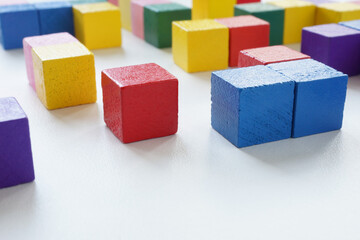 Obraz premium Abstract complex structure of colored cubes. Concept of choice in a labyrinth and variety.