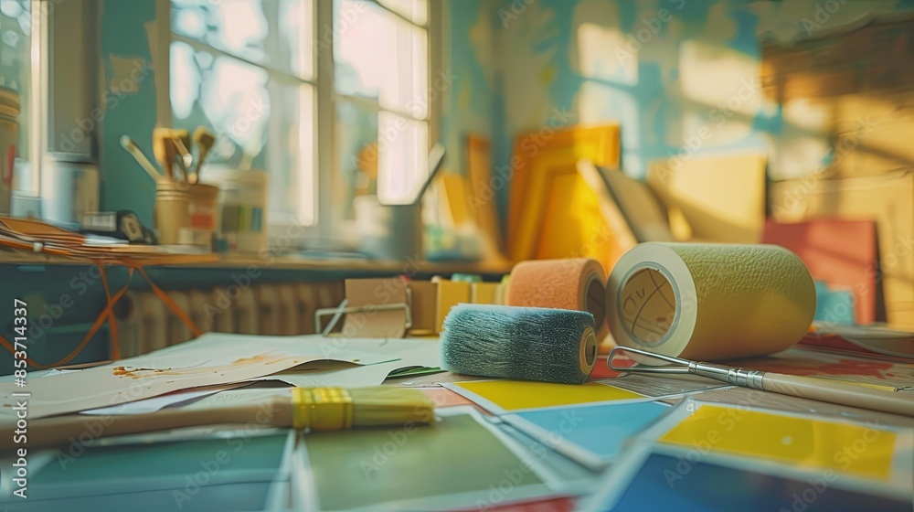 Poster close-up of a desk with paint rollers, brushes, masking tape, and color swatches in a hardware store