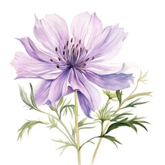 Obraz premium Nigella flower watercolor illustration. Floral blooming blossom painting on white background