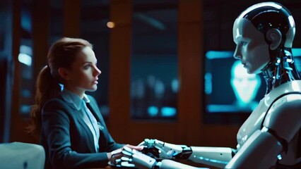 The video is of a woman and a robot sitting across from each other at a table having a serious conversation.