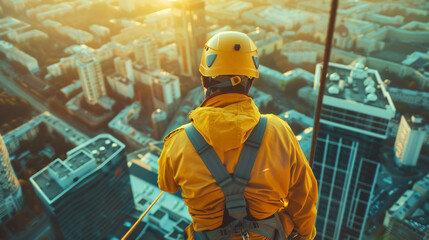 Professional industrial climber in helmet and uniform. View from back. Megalopolis landscape. Generative AI