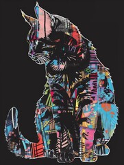 Graffiti-Inspired Cat Silhouette Featuring Urban Art and Multicolored Patterns Against a Black Background.