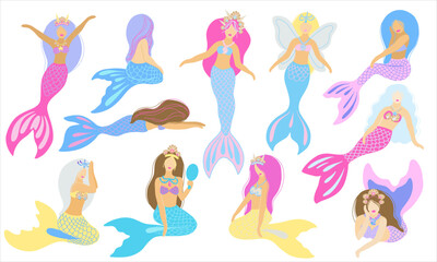 Cute little mermaid clipart set. Vector illustration. Kids birthday invation. Childrens magic posters, cards. 