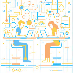 line art vector illustration of two people working on laptops in an office