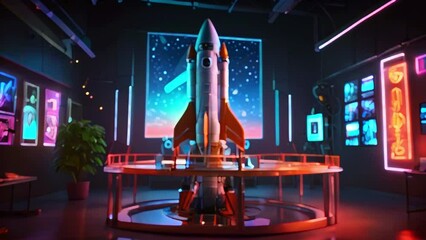 There is a dimly lit room with a rocket ship in the center. There are screens on the walls showing various images.
