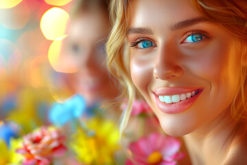A woman with a bright smile is surrounded by flowers. Concept of happiness and positivity