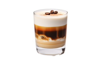 a glass of coffee with coffee beans on top