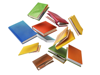 a group of books floating in the air