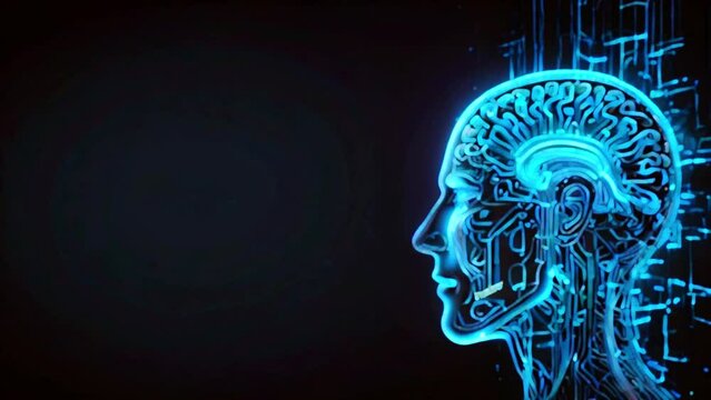 A blue and black video illustration of a human head in profile, with a glowing circuit board pattern over the brain.