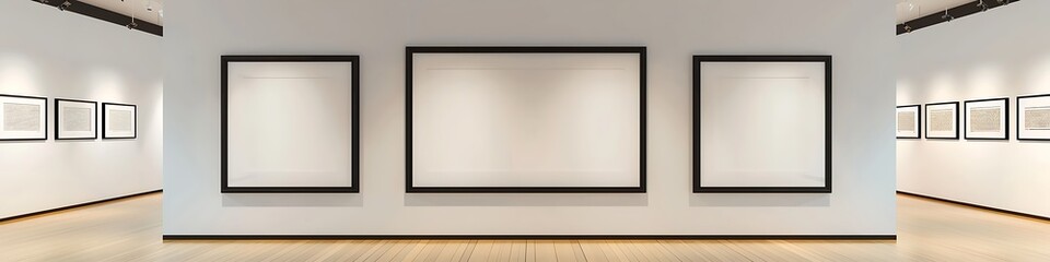 A spacious art gallery with a white wall, featuring three large empty black frames evenly spaced. The frames are the focal point of the room, inviting contemplation.
