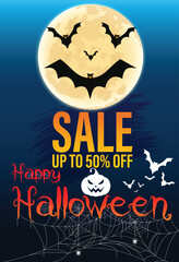 Halloween sale facebook cover page timeline, web ad banner template with pumpkins, bats and cloud on orange background | Modern layout concept design.