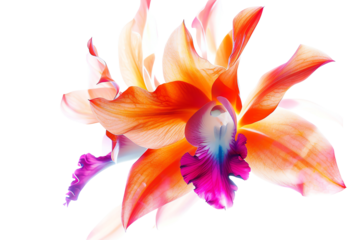 The image is a photo of a Cattleya orchid. The orchid has bright orange and yellow petals and a purple lip, isolated on transparent background