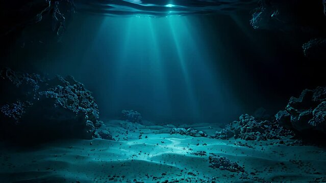 View of sun light from blue underwater ocean. Clear water, slow motion. Light filters down through blue water. Underwater sun rays in depth ocean. Underwater sun light shine under deep water with ripp