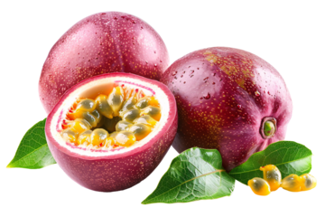 a group of red fruits with green leaves