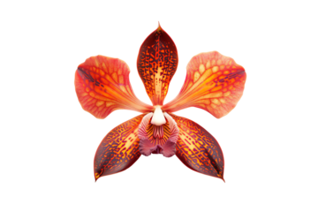 The image shows a beautiful red and yellow orchid flower in full bloom, isolated on transparent background