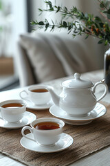 Minimalist photo of a traditional Islamic tea set arranged on a plain white table,