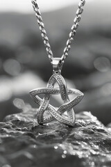 Minimalist photo of a Star of David pendant on a clean, plain surface,