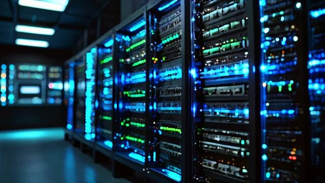 A server room filled with rows of tall black server racks with bright blue and green lights.