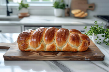 Minimalist image of a challah bread loaf placed on a plain wooden cutting board,