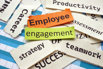 Pieces of paper with words employee engagement.
