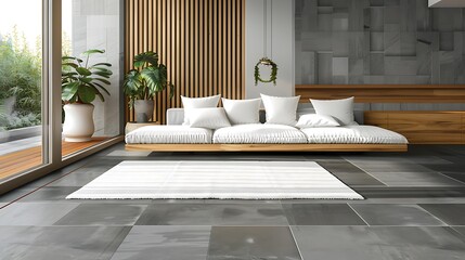 A sleek monochrome lounge with wooden accents and a white area rug complementing the refined grey tiled floor, exuding contemporary charm.